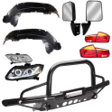 Car body parts and lighting accessories including bumpers, mirrors, headlights, and taillights