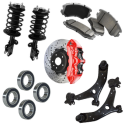 Car suspension, brake disc, pads, control arms, and wheel bearings set