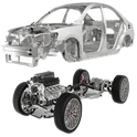 Car chassis and drivetrain system including engine, axles, and suspension